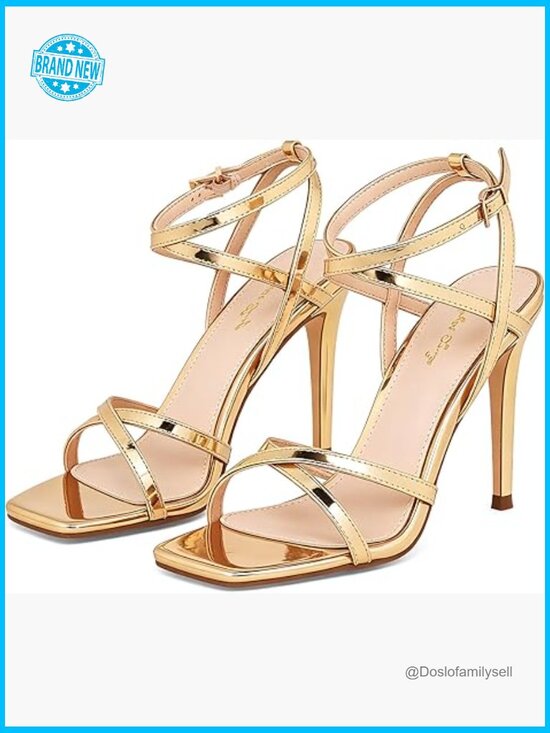 Shoes - Strappy Stiletto Heeled Sandals Square Open Toe Ankle Buckle Party Wedding 4